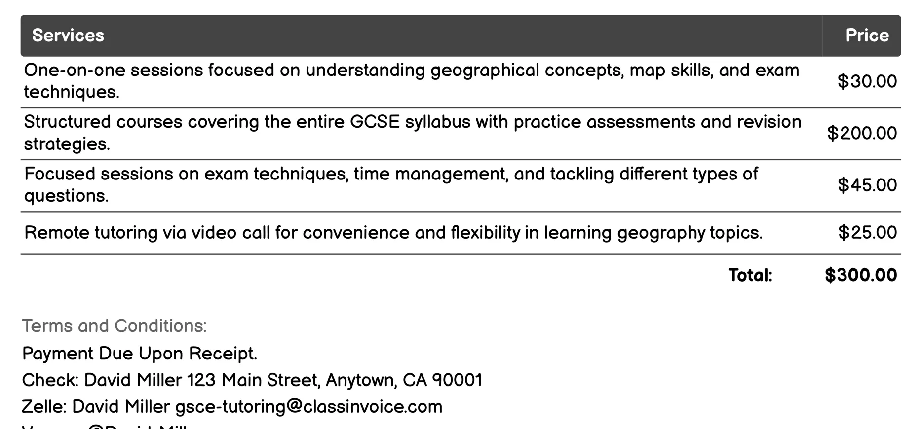 Geography Tutoring Invoice Example