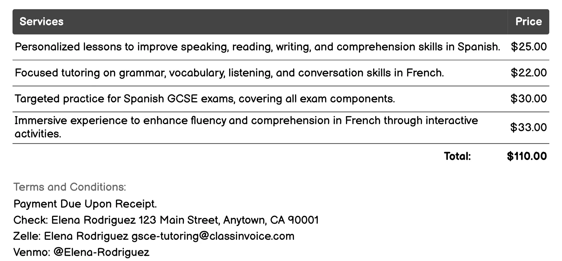 Languages (e.g., Spanish, French) Tutoring Invoice Example