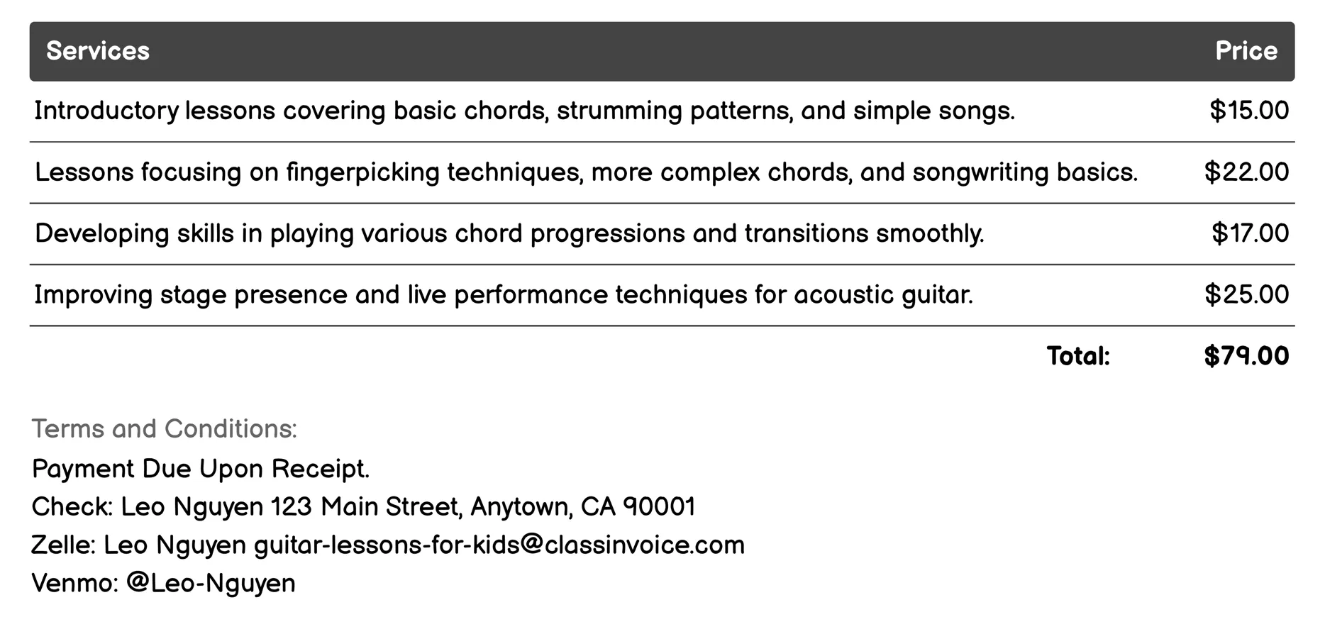 Acoustic Guitar Lessons Invoice Example