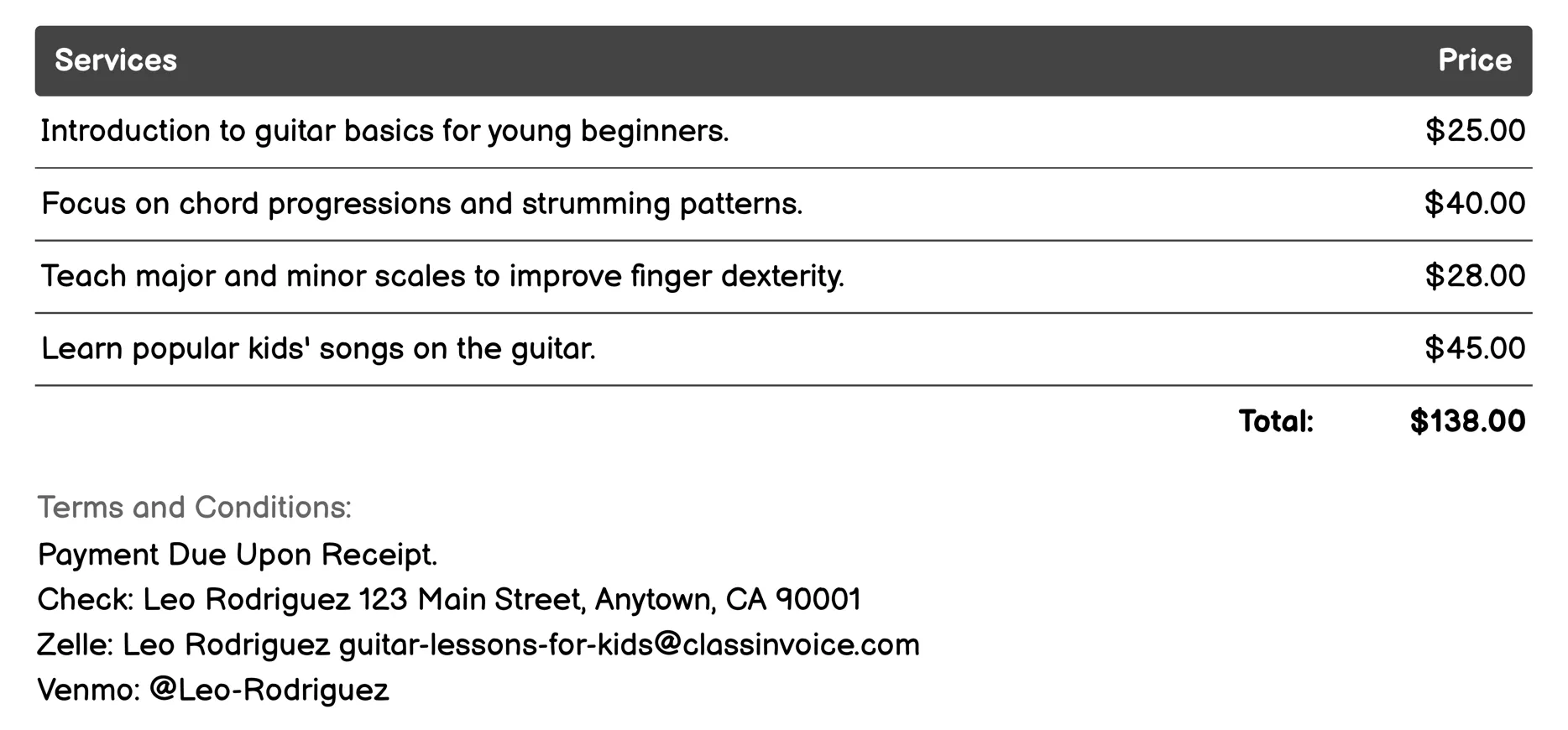 Jam Sessions Invoice Example
