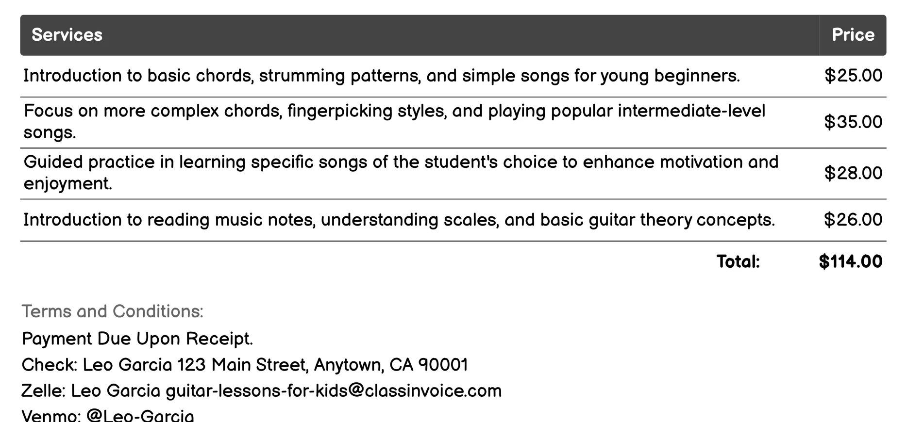 Private One-on-One Lessons Invoice Example