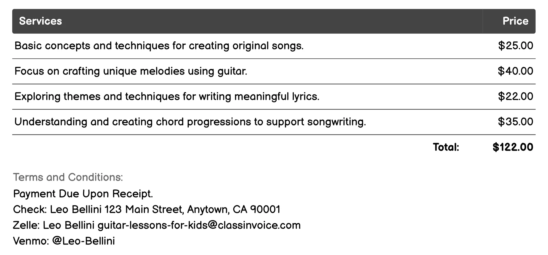 Songwriting and Composition Invoice Example