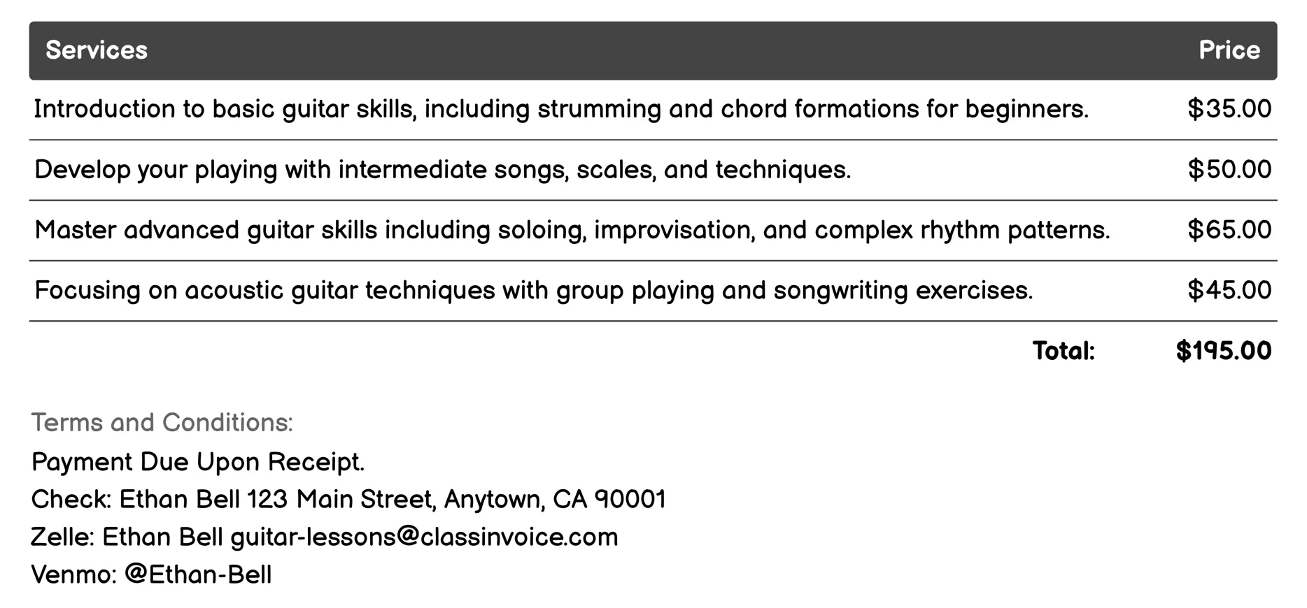 Group Guitar Classes Invoice Example