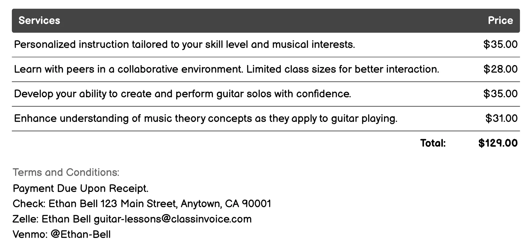 Intermediate Guitar Lessons Invoice Example