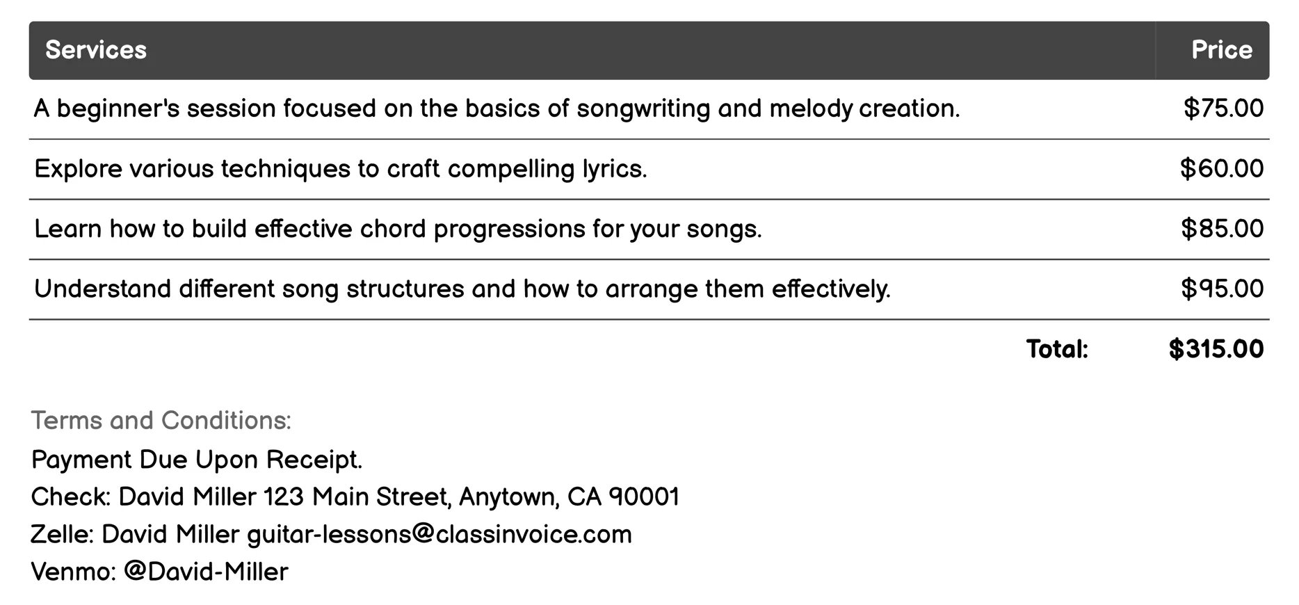 Songwriting Workshops Invoice Example