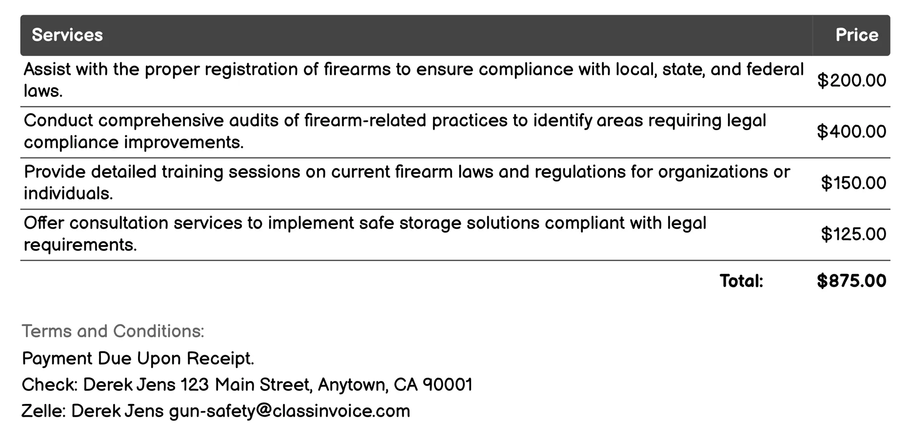 Legal Compliance Support Invoice Example