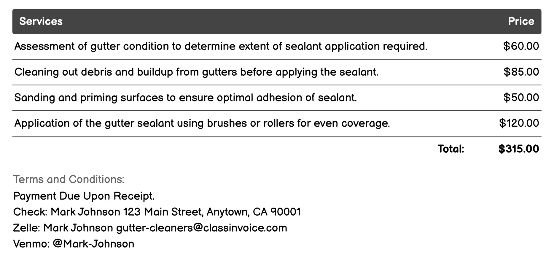 Gutter Sealant Application Invoice Example