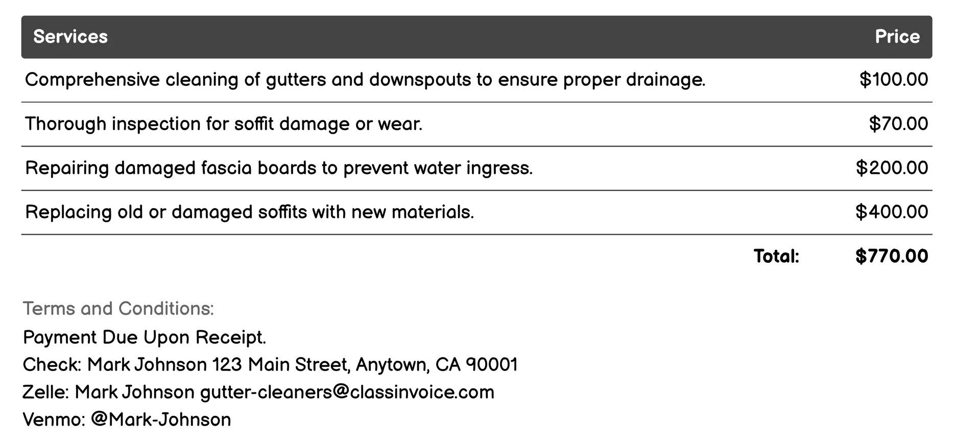 Soffit & Fascia Repair Invoice Example