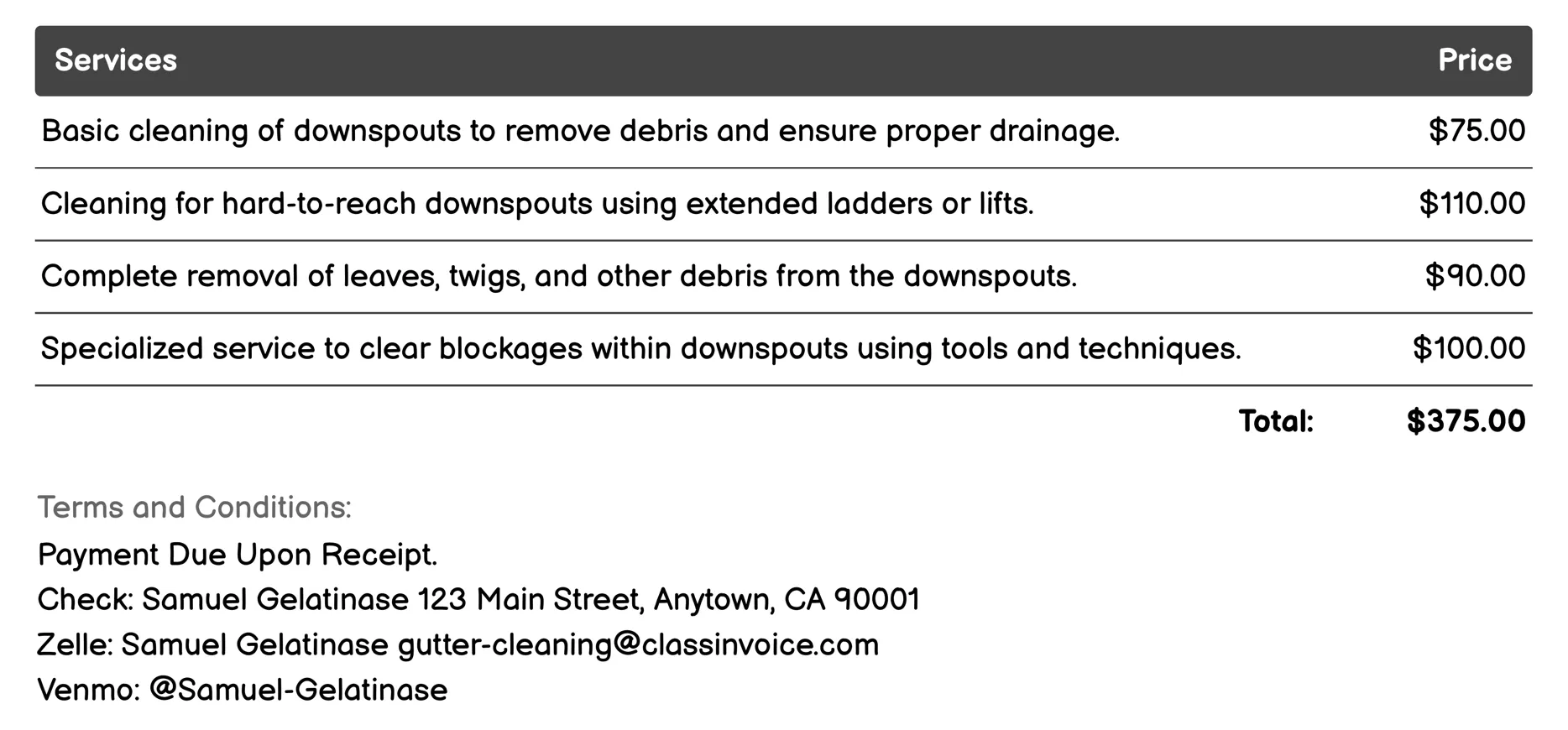 Downspout Cleaning Invoice Example