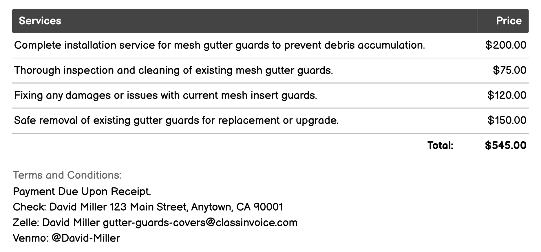 Mesh Insert Guards Invoice Example