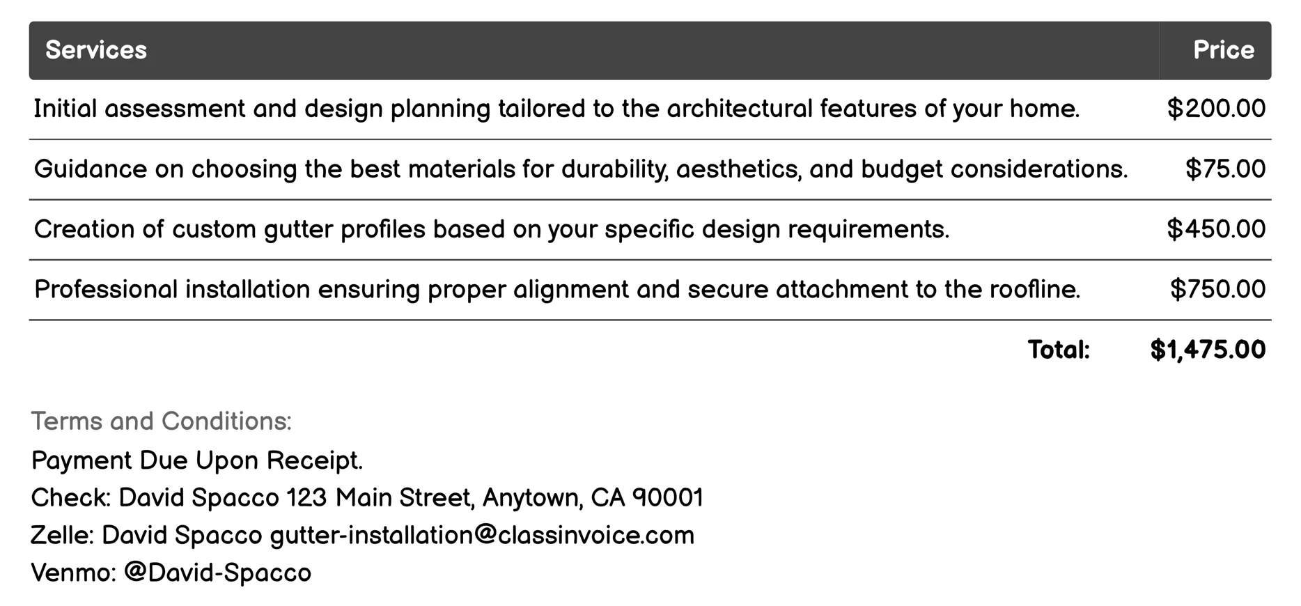 Customized Gutter Design and Installation Invoice Example