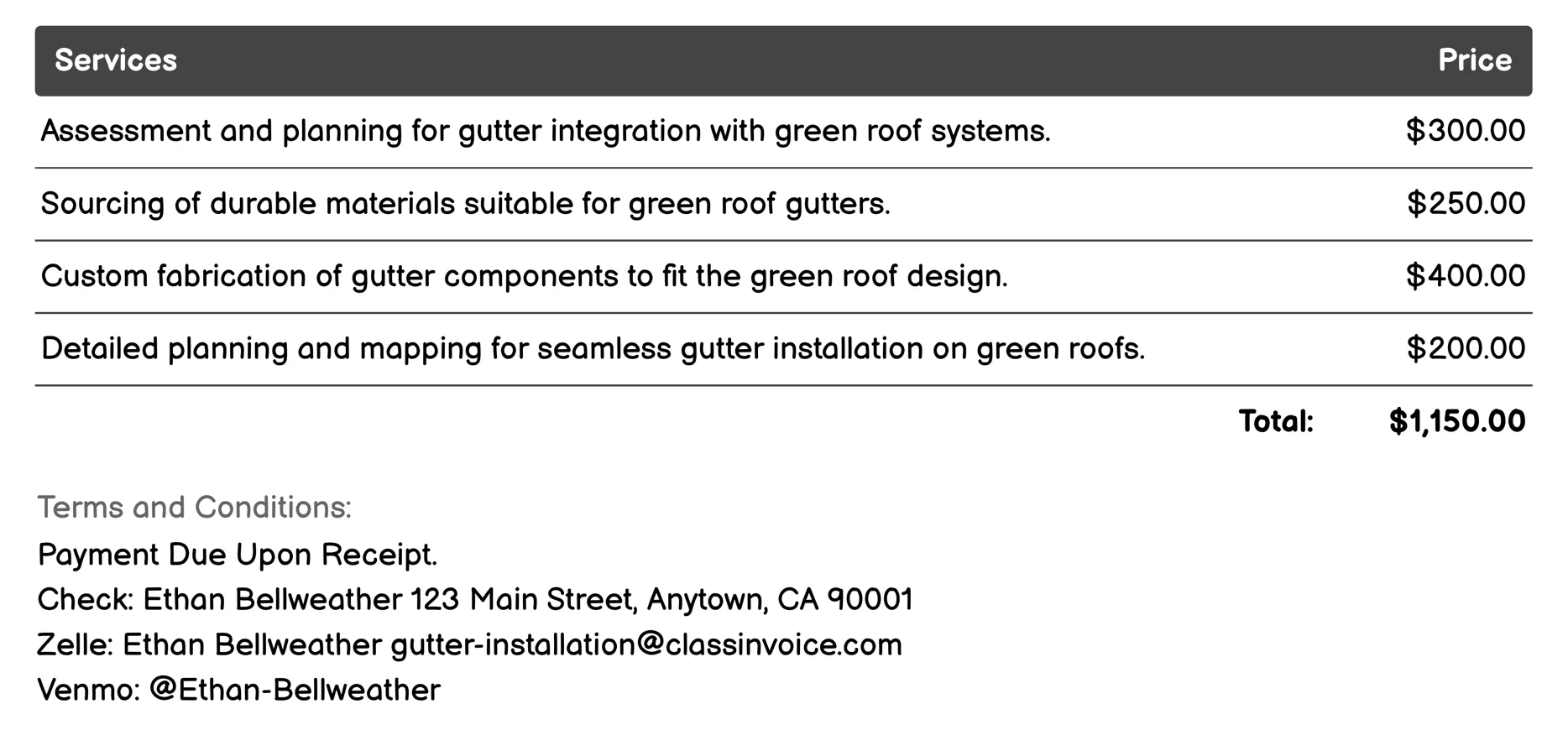 Green Roof Integration Invoice Example
