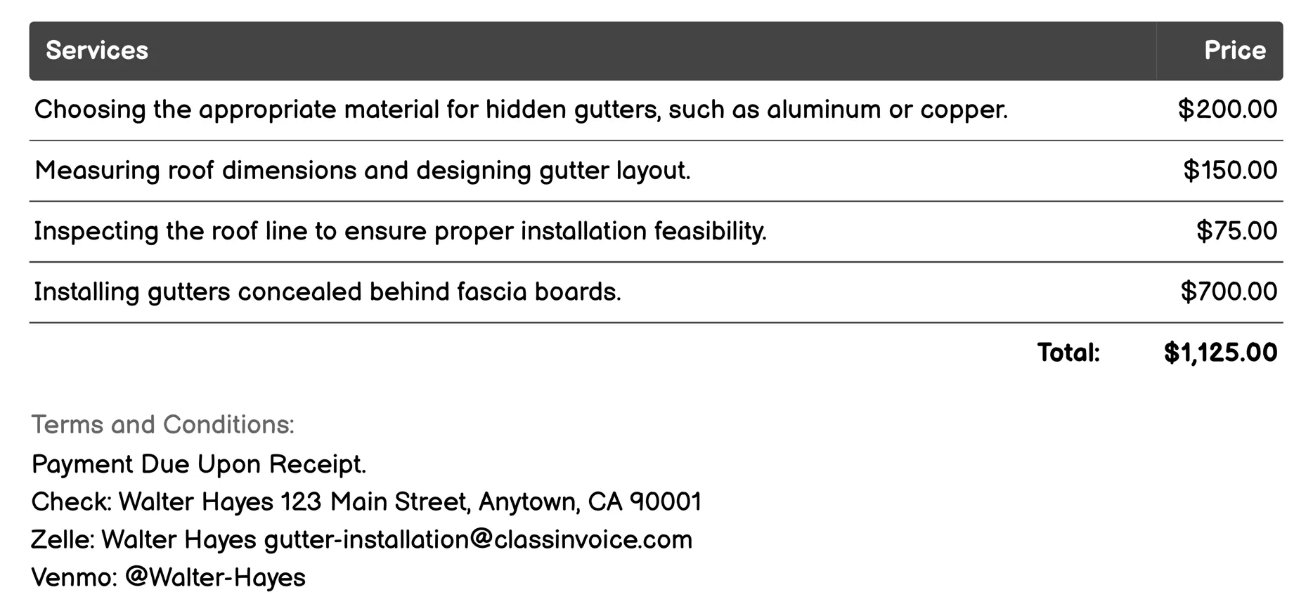 Hidden Gutter Installation Invoice Example
