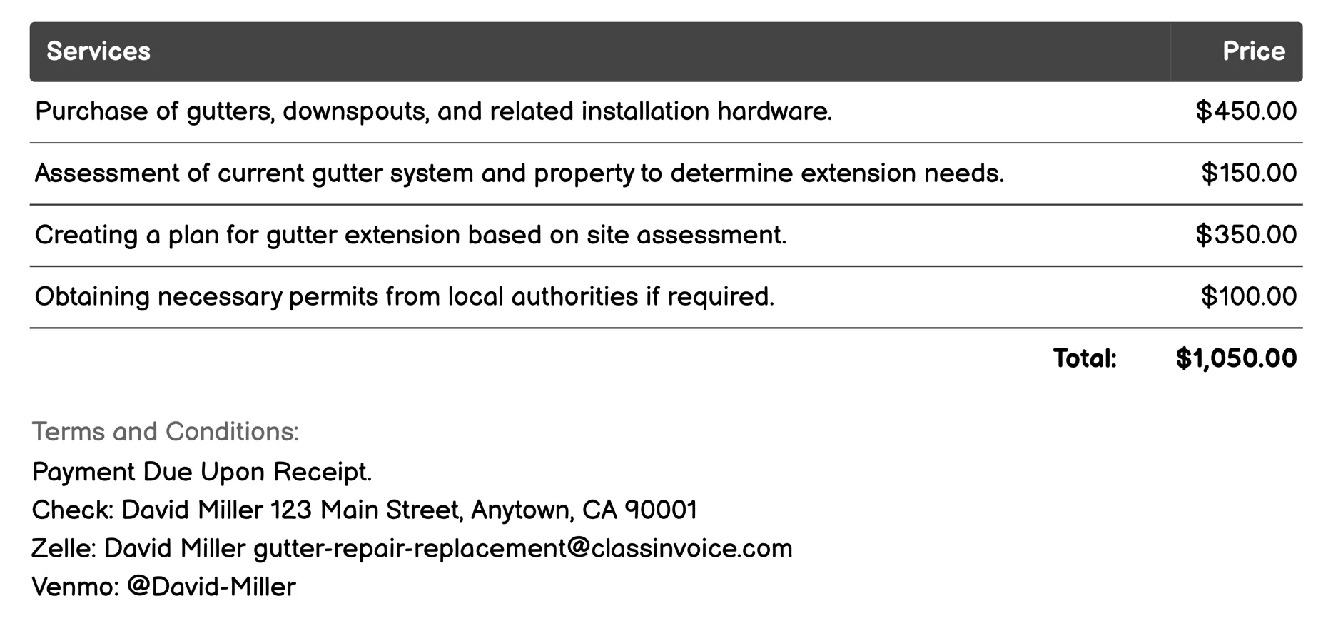 Gutter Extension Installation Invoice Example