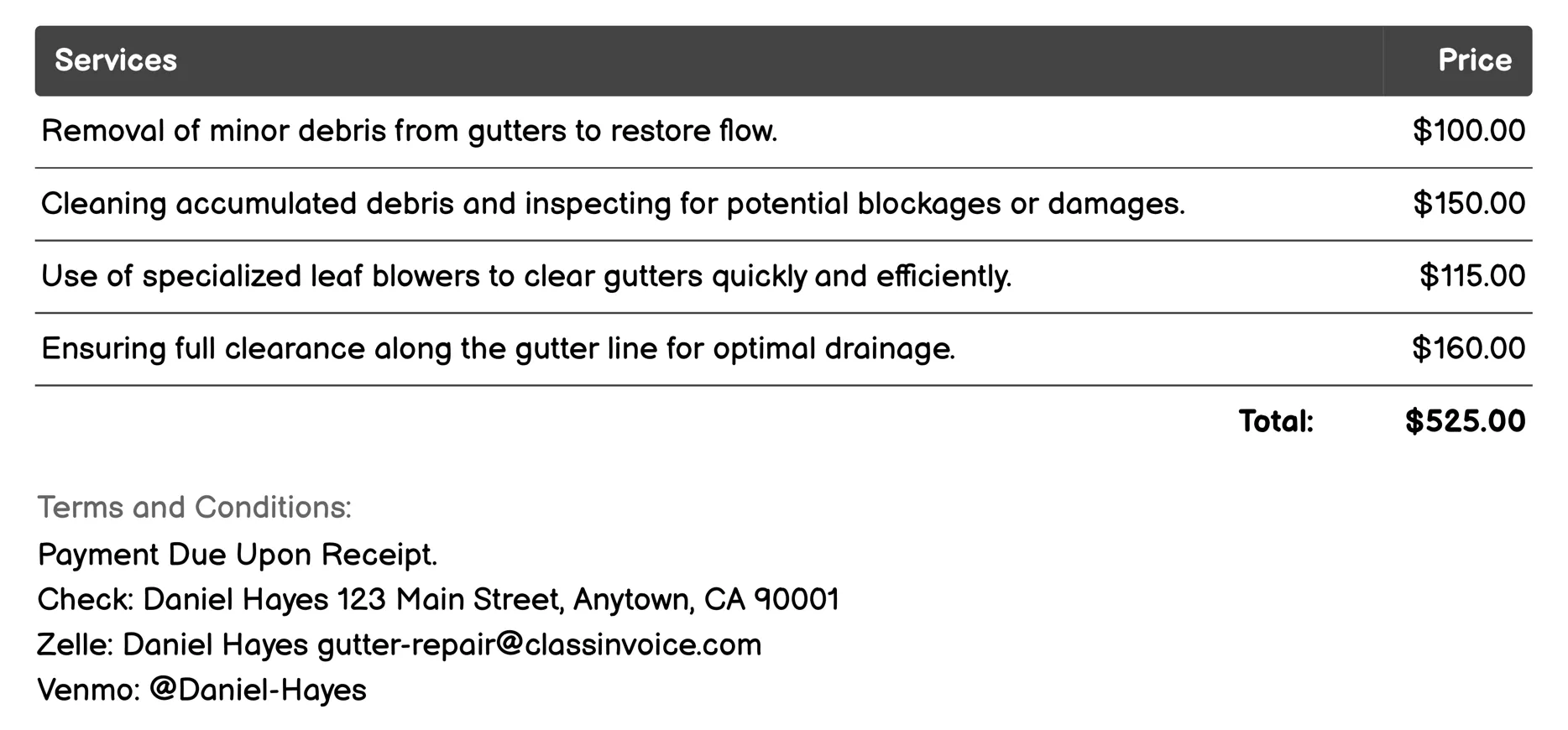 Clog Removal Invoice Example