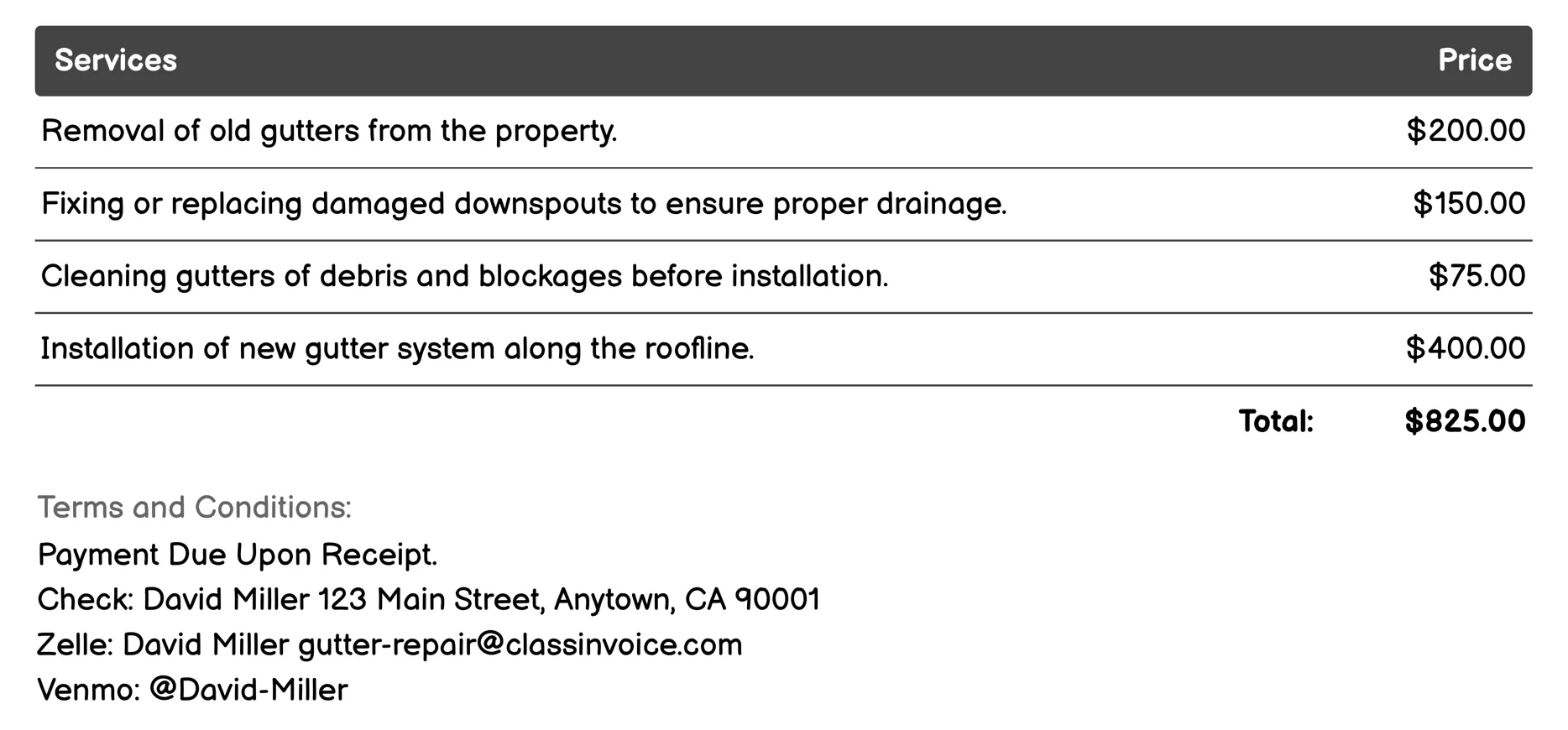 Gutter Replacement Invoice Example