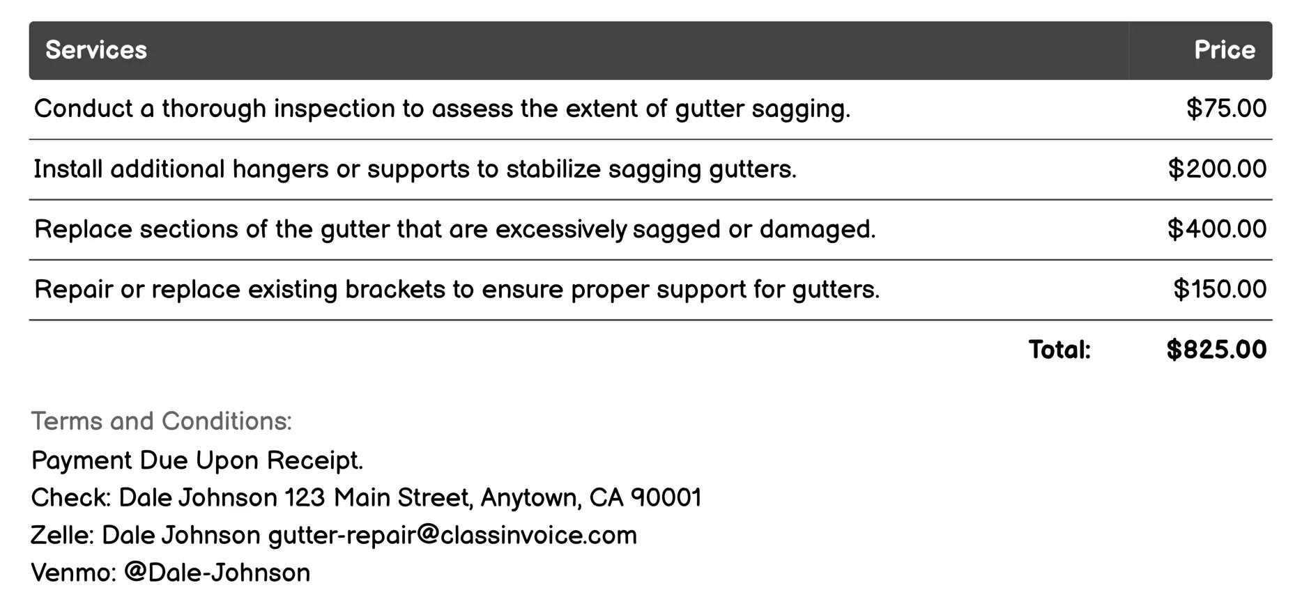 Sagging Gutter Repair Invoice Example