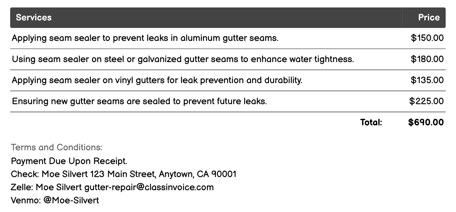 Seam Sealing Invoice Example