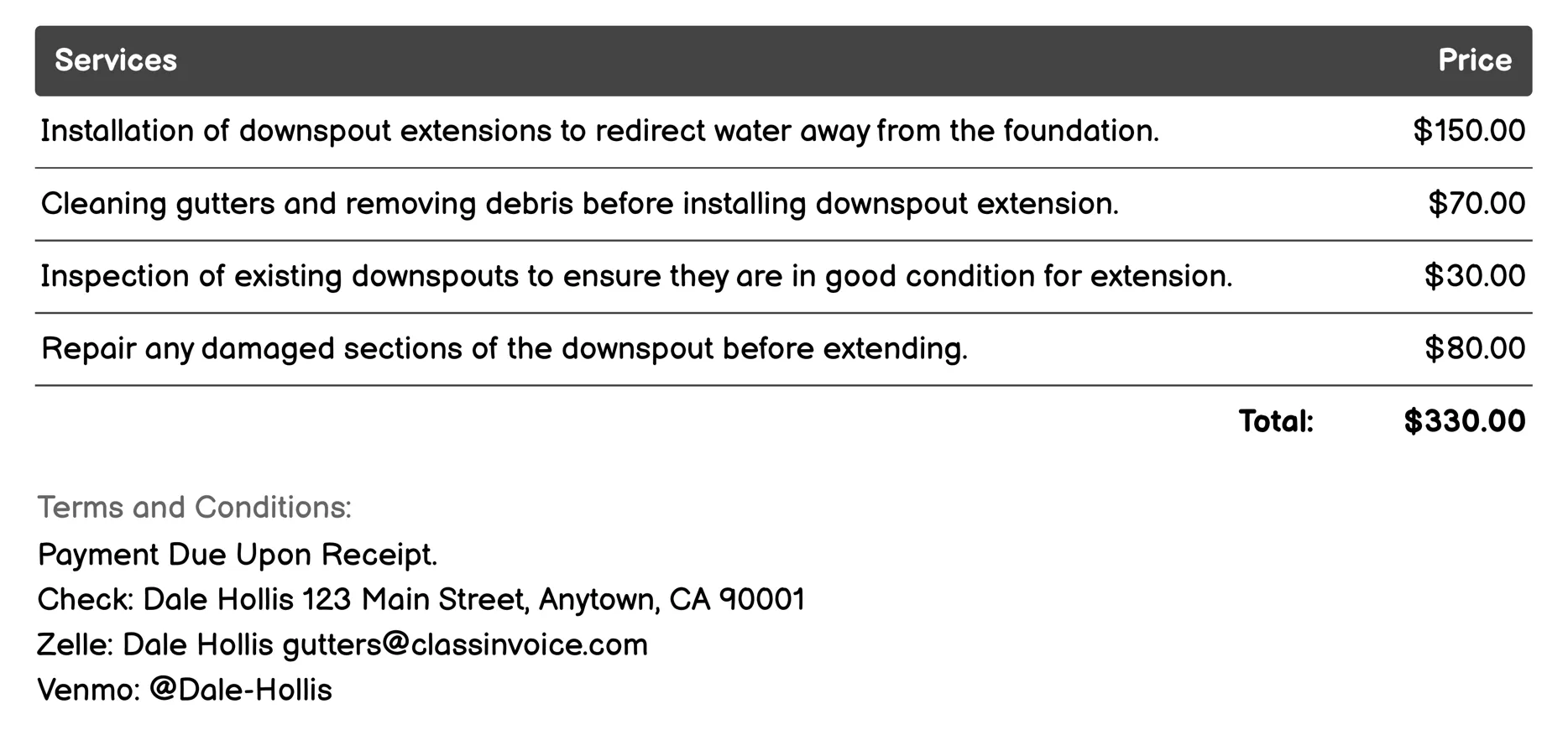 Downspout Extension Invoice Example
