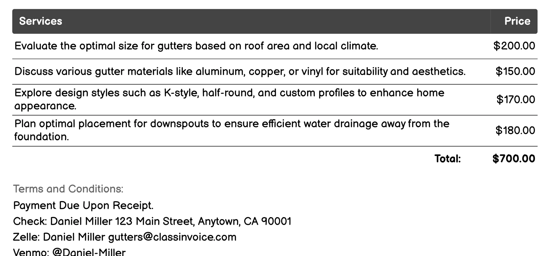 Sizing and Design Consultation Invoice Example