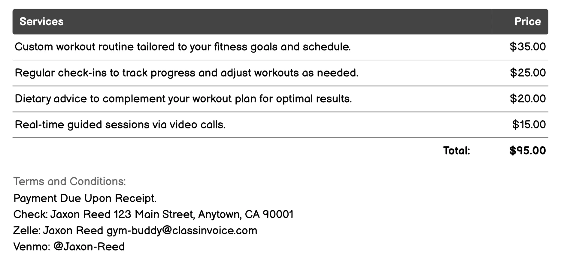 Workout Planning Invoice Example