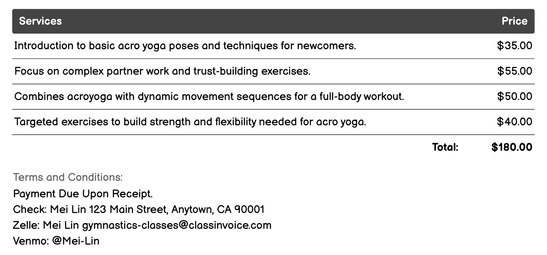 Acro Yoga Classes Invoice Example
