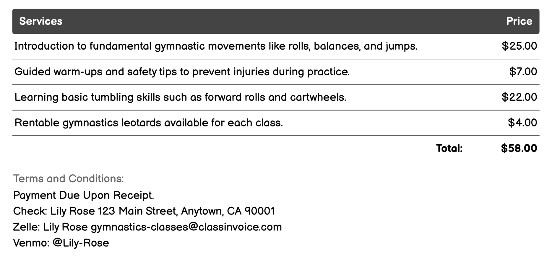 Beginner Gymnastics Classes Invoice Example
