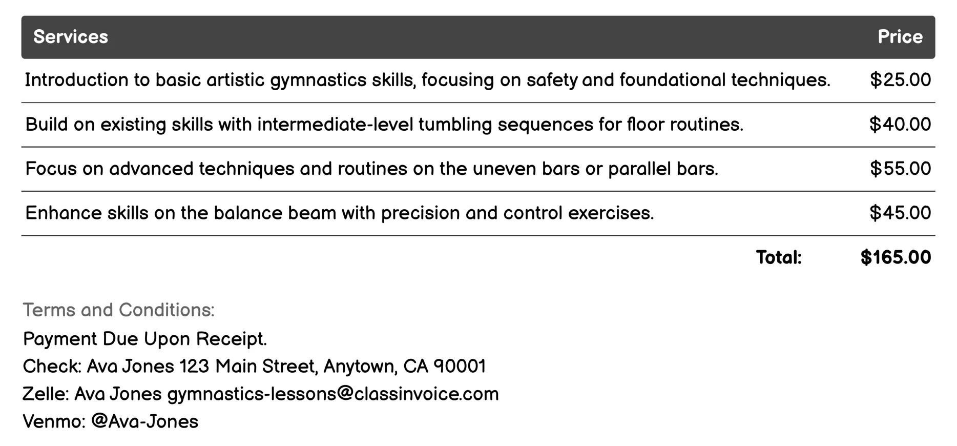 Artistic Gymnastics Invoice Example