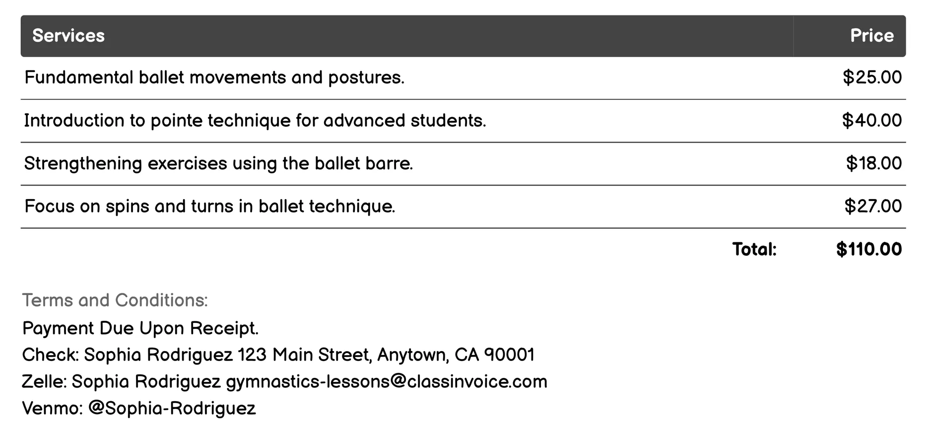 Ballet Classes Invoice Example