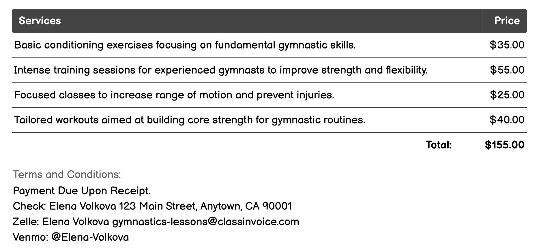 Gymnastics Conditioning Invoice Example