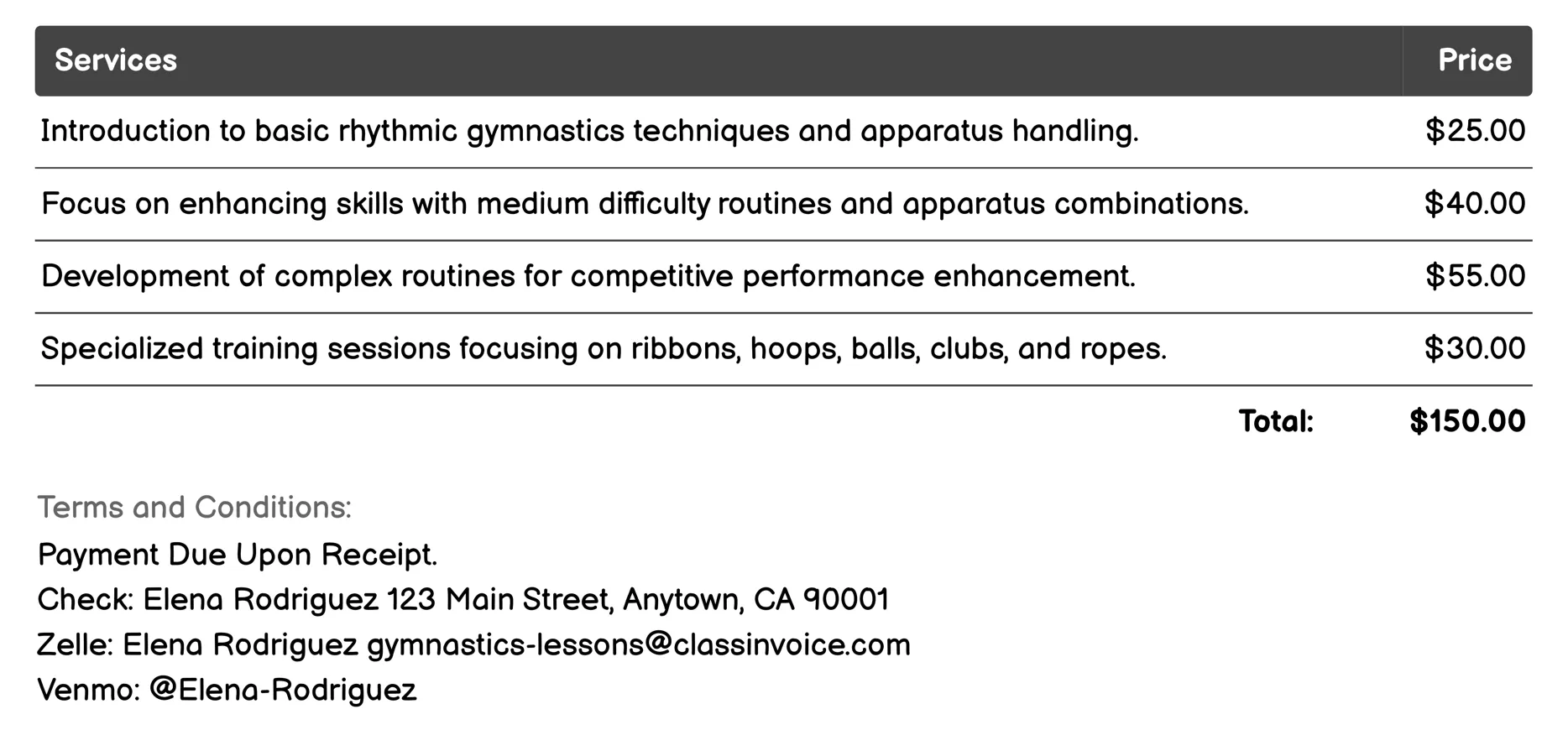 Rhythmic Gymnastics Invoice Example