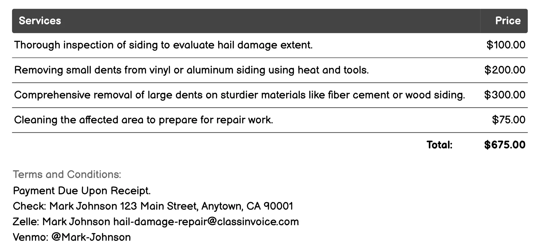 Dent Removal from Siding Invoice Example