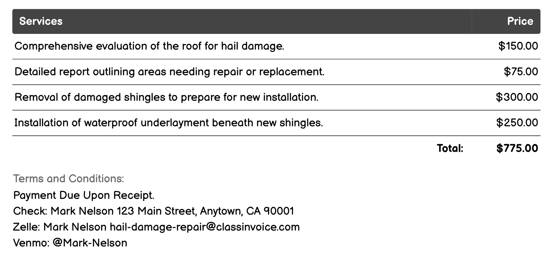 Shingle Replacement Invoice Example