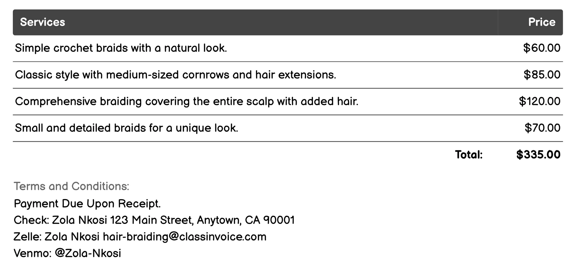 Crochet Braiding Invoice Example