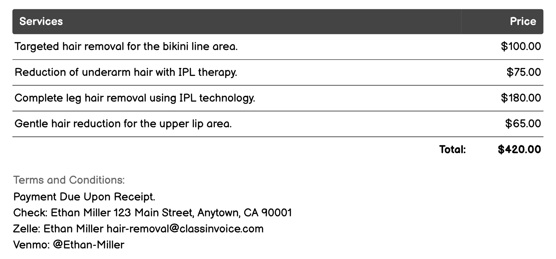 Intense Pulsed Light (IPL) Therapy Invoice Example