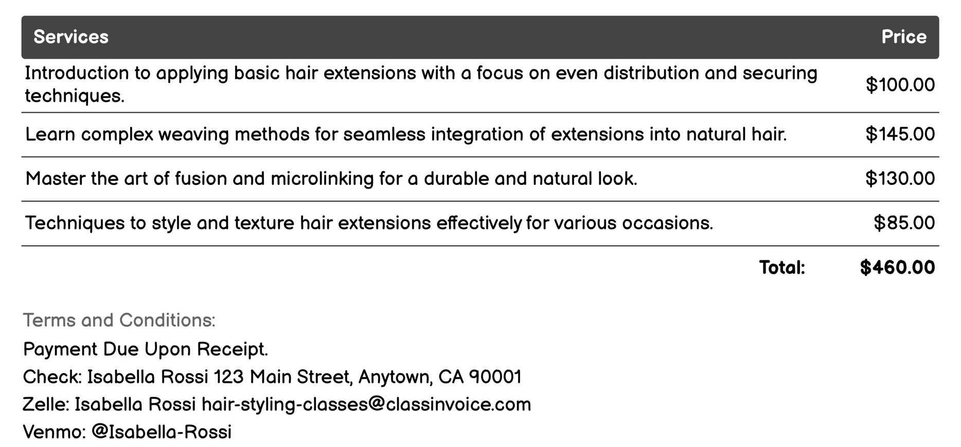 Hair Extensions Invoice Example