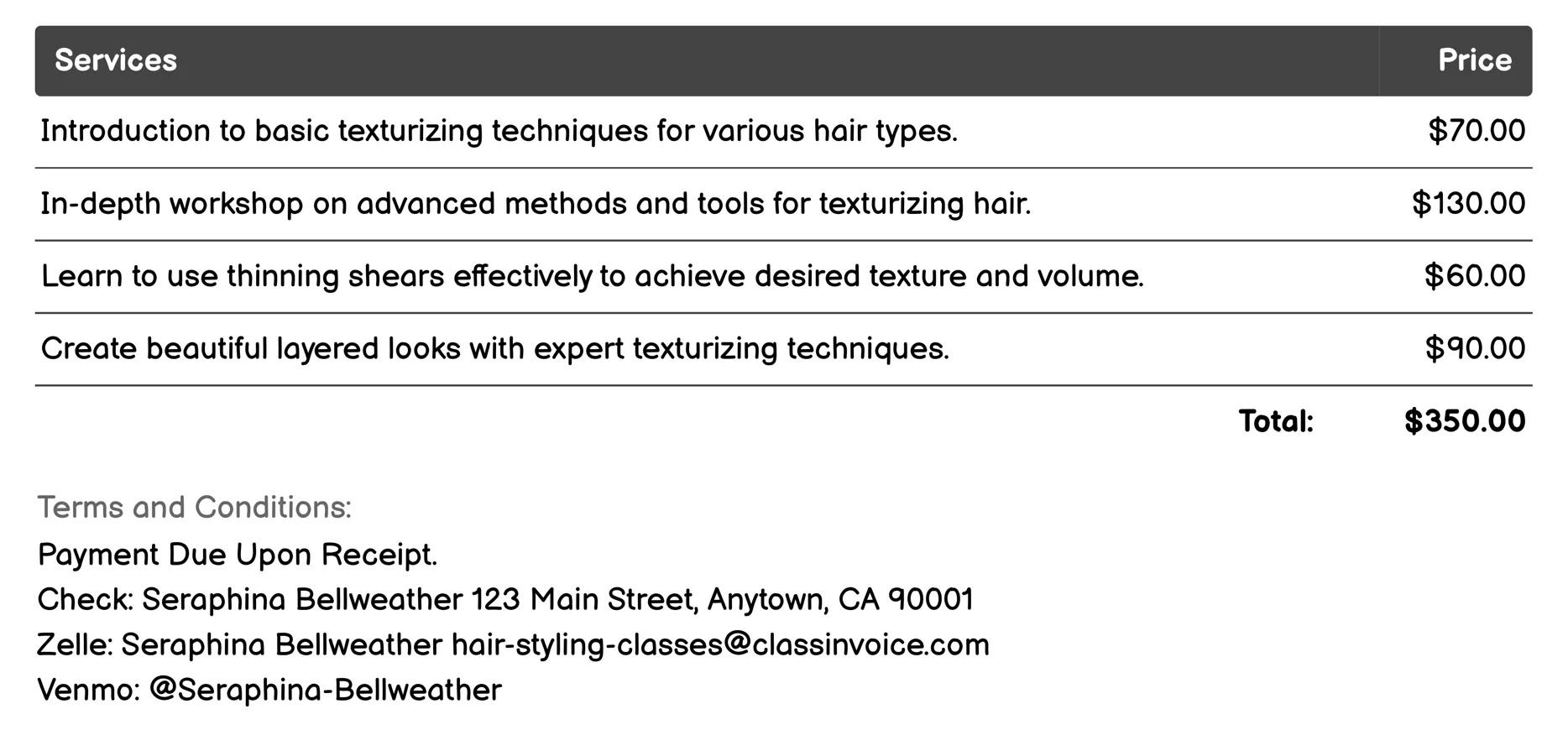 Texturizing Techniques Invoice Example