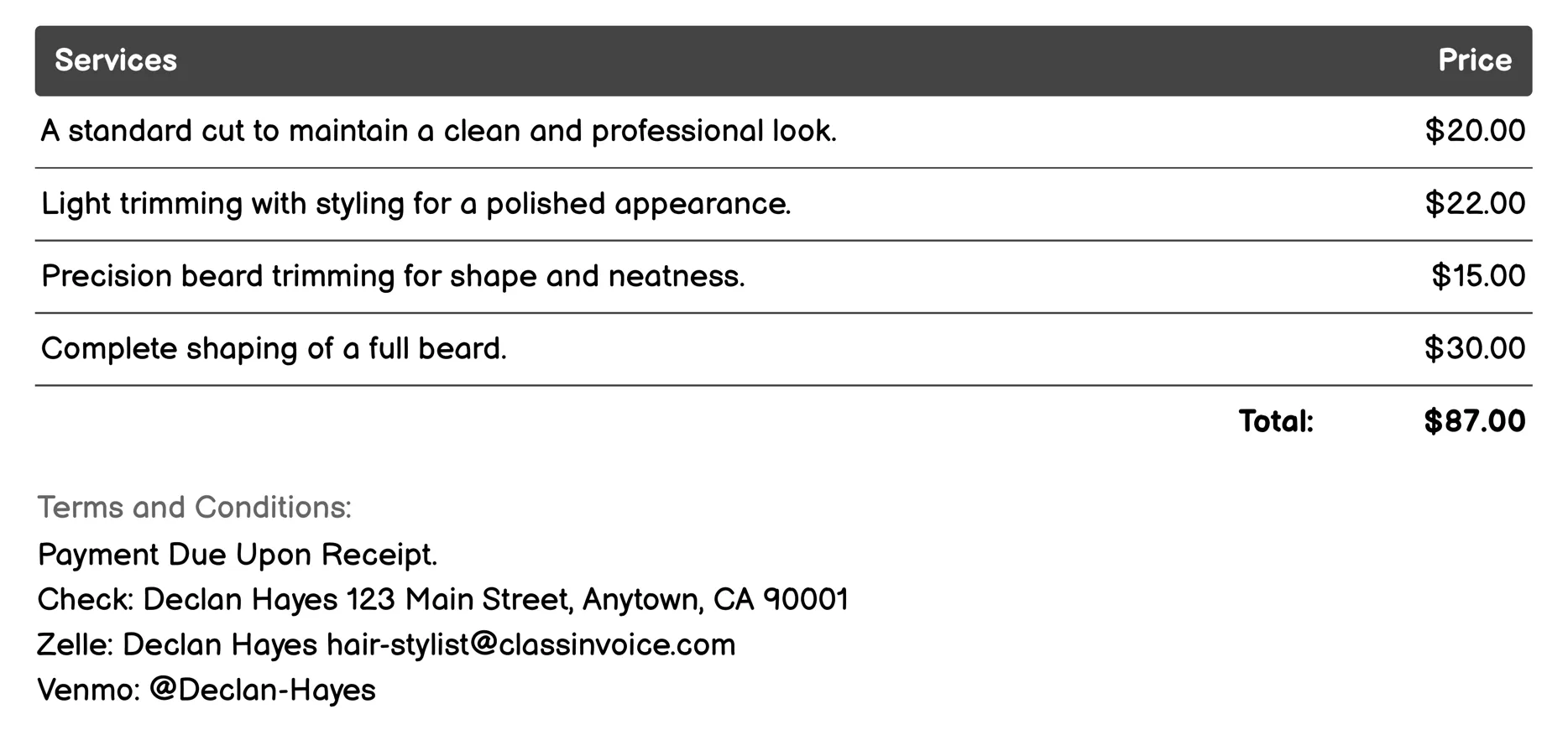 Men's Grooming Invoice Example