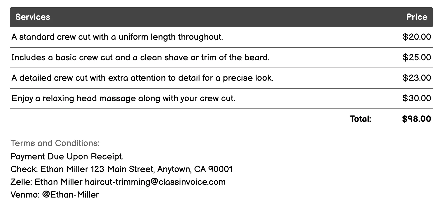 Crew Cut Invoice Example