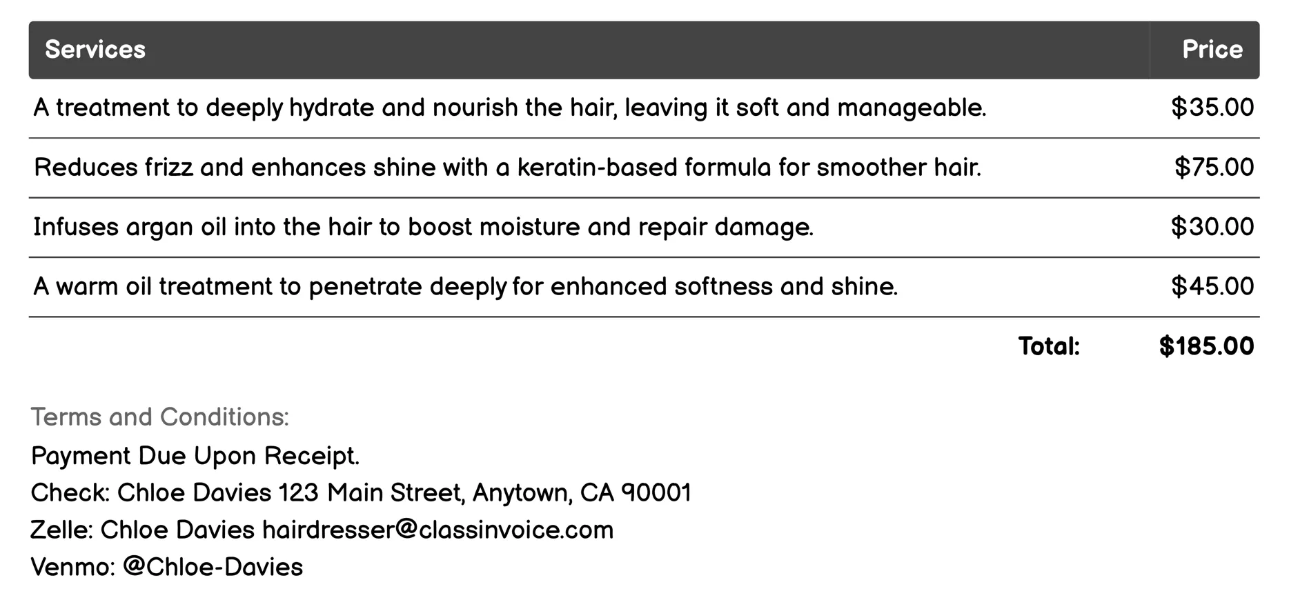 Hair Treatment Invoice Example