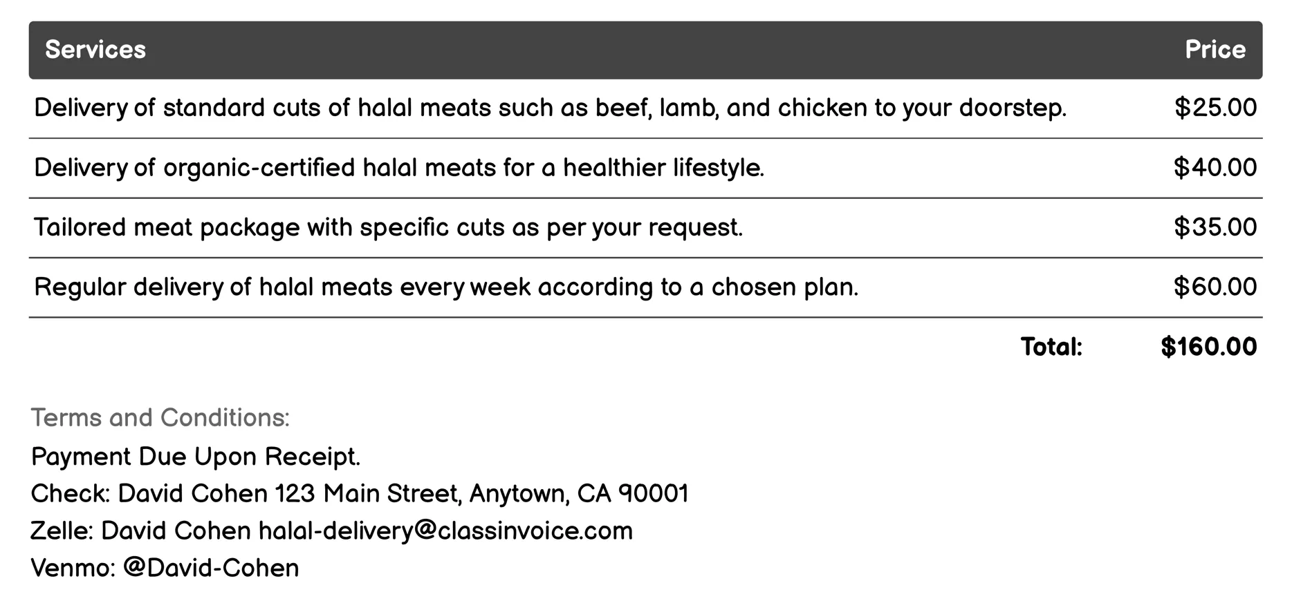 Halal Butcher Services Invoice Example