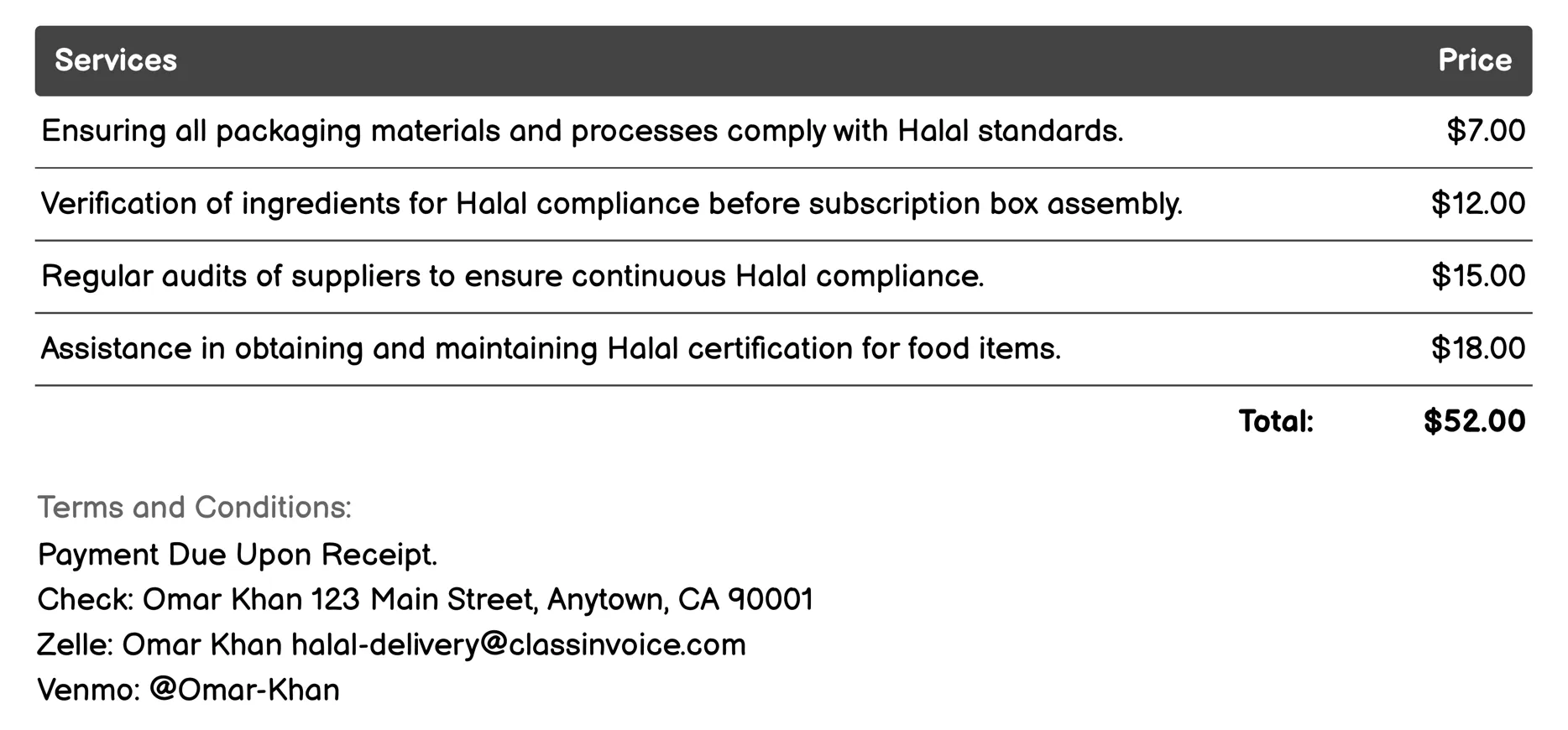 Halal Food Subscription Boxes Invoice Example