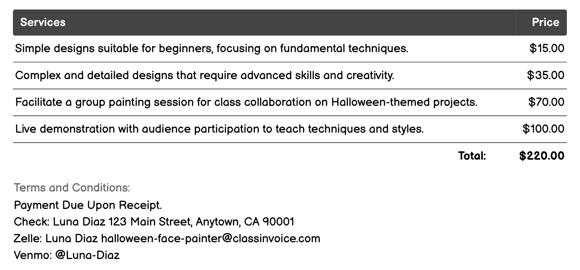 Educational Art Classes Invoice Example