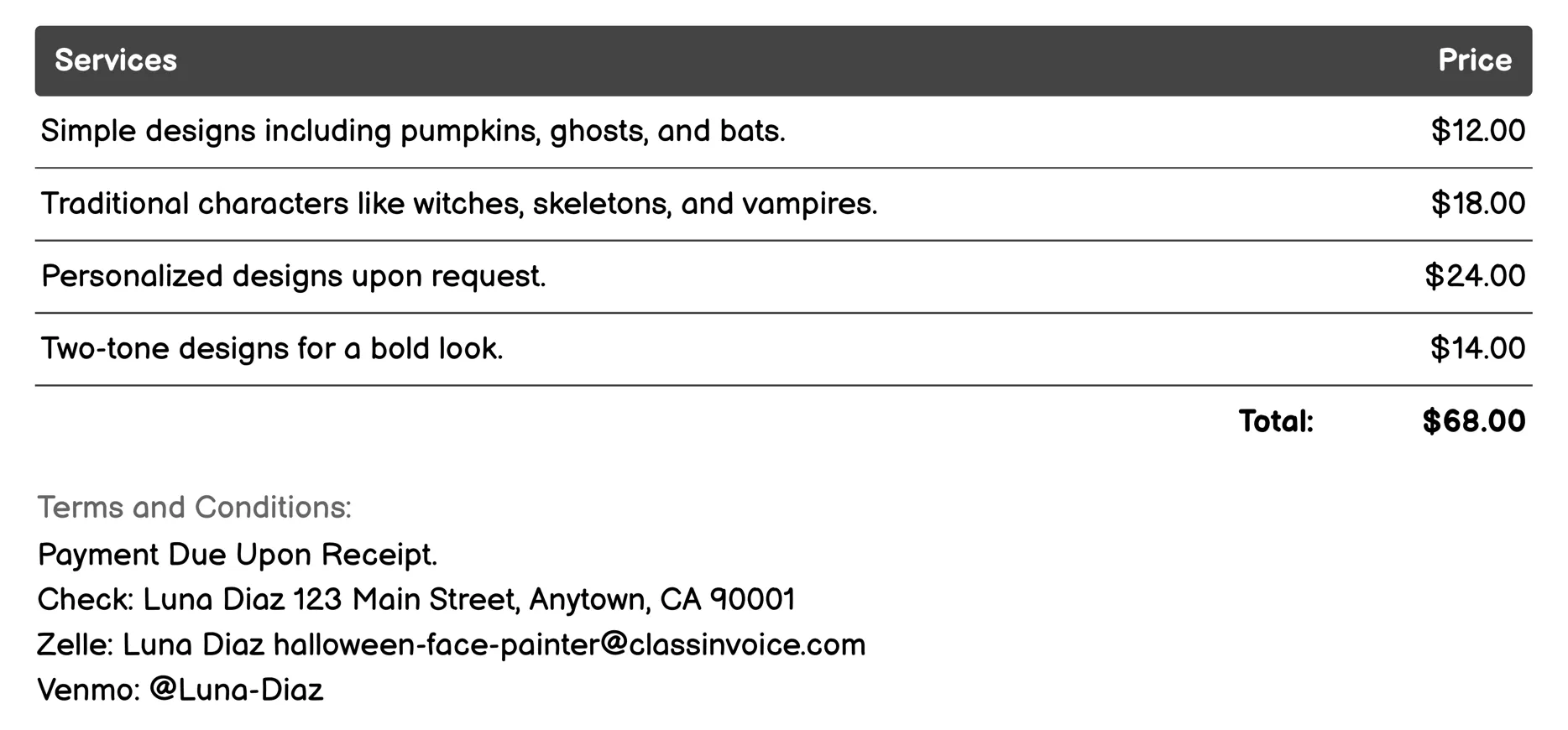 Group Package Deals Invoice Example