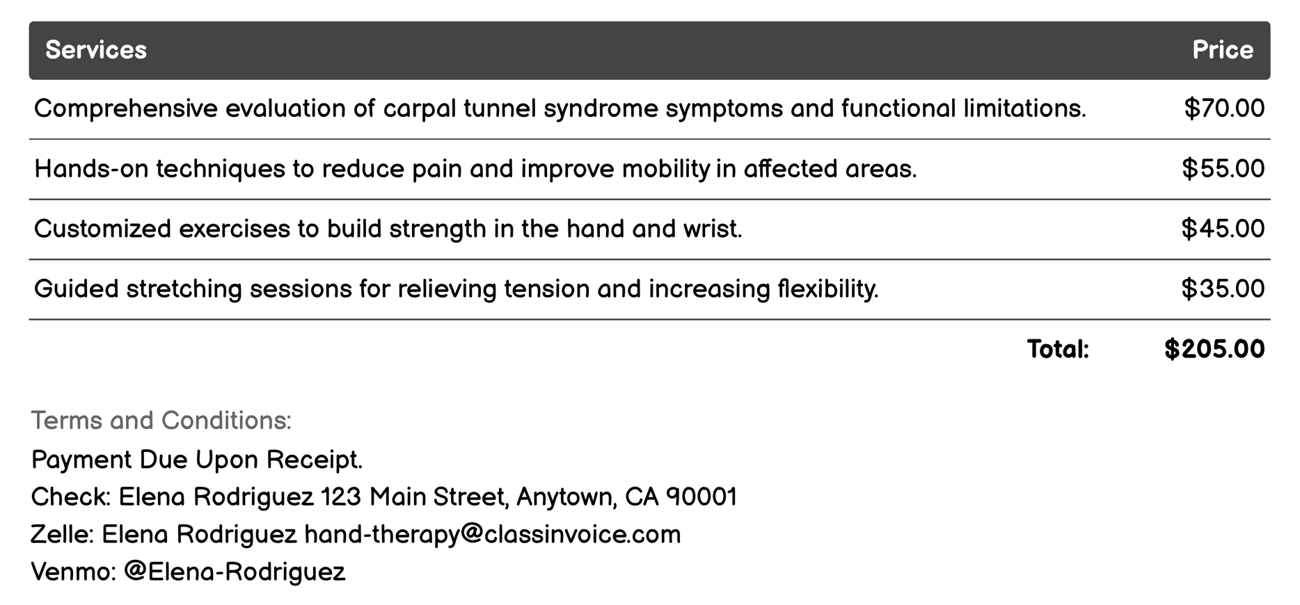 Carpal Tunnel Syndrome Therapy Invoice Example