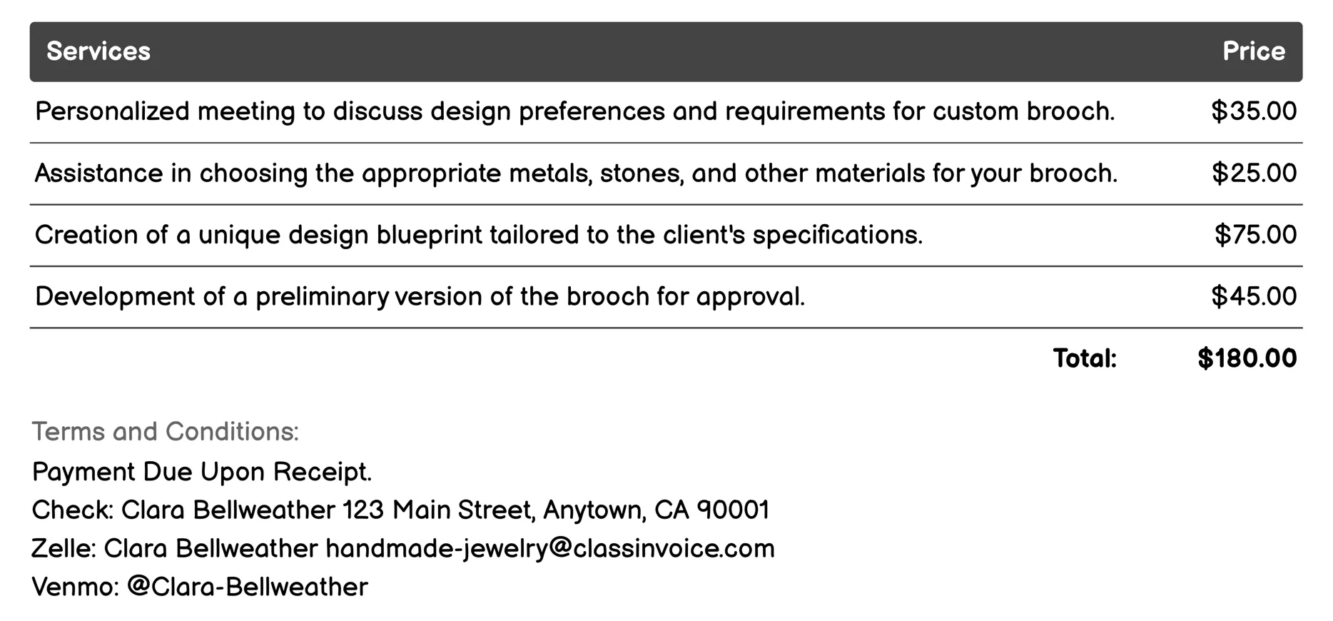 Custom Brooch Fabrication Invoice Example