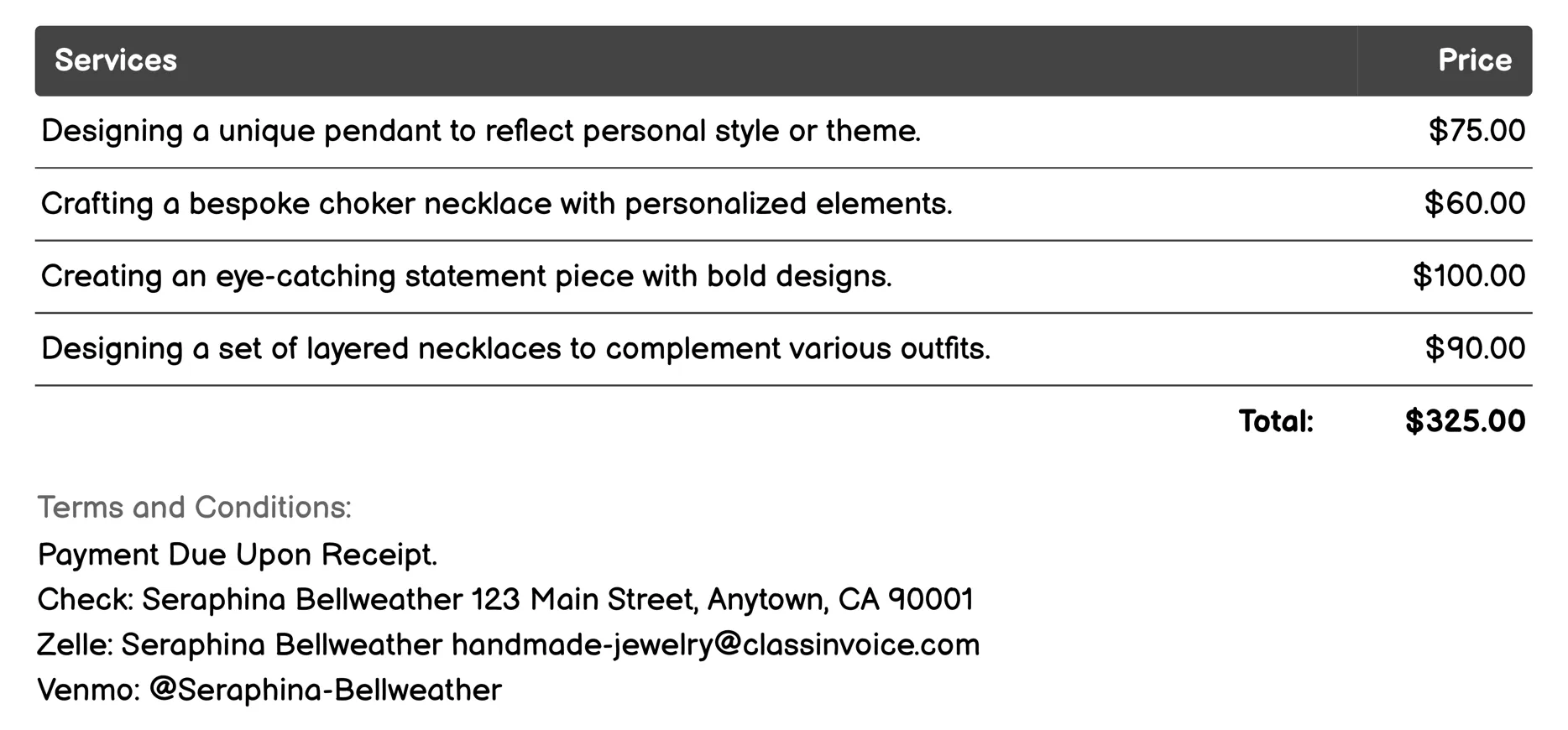 Necklace Design Services Invoice Example