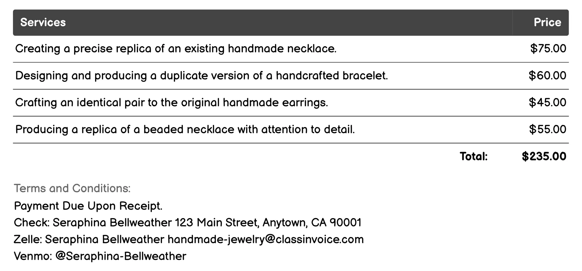 Replica Creation Invoice Example