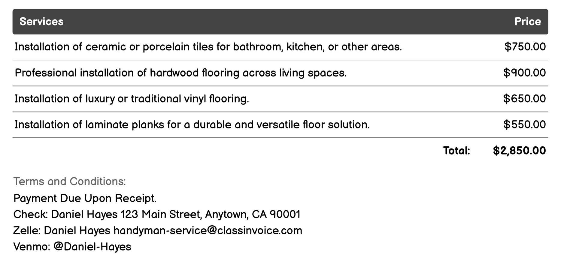 Floor Installation/Repair Invoice Example