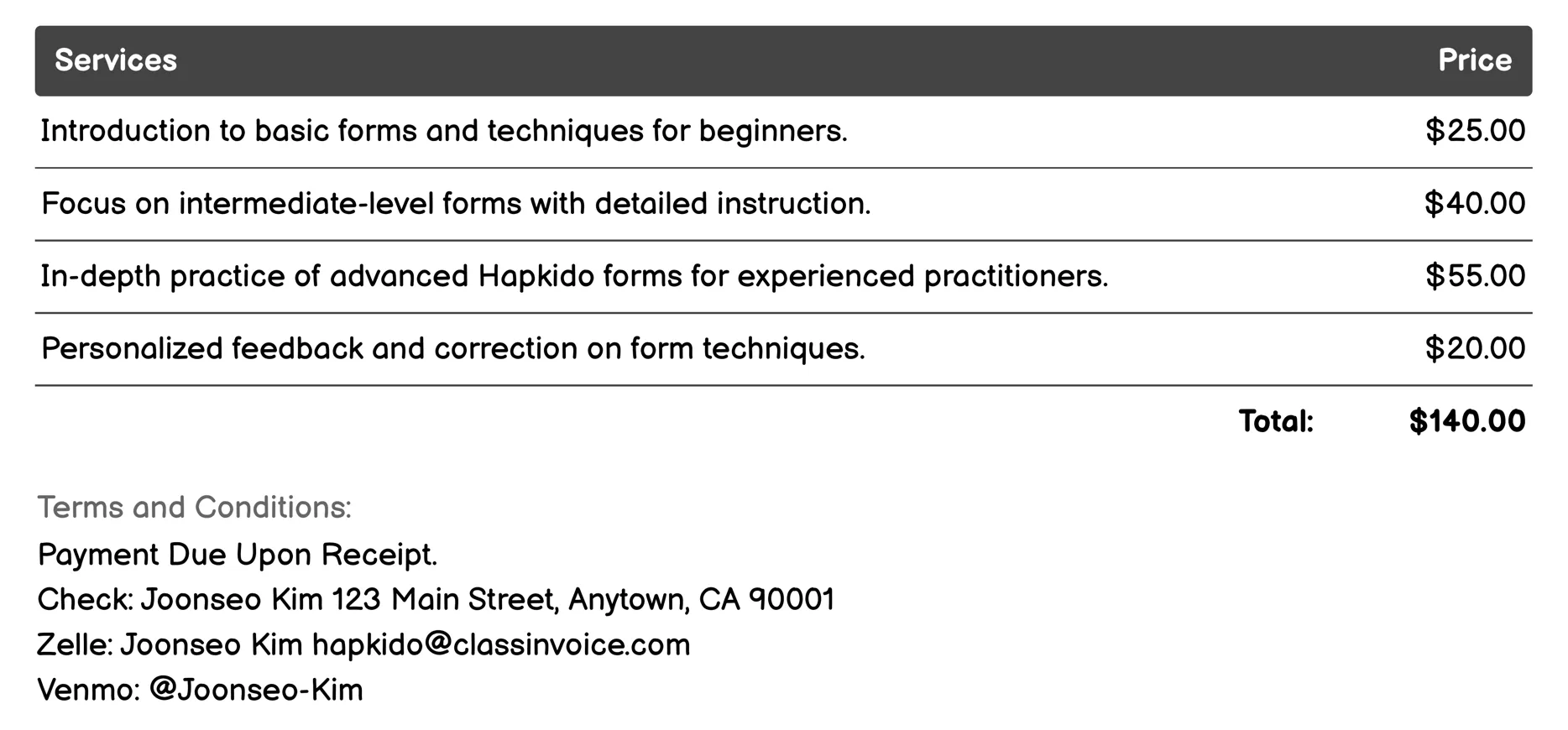 Forms Practice (Poomsae) Invoice Example